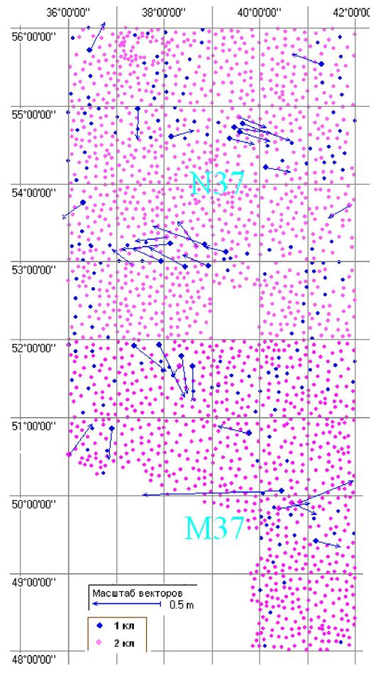 Векторы величины и распределения в сети остаточных расхождений в координатах пунктов